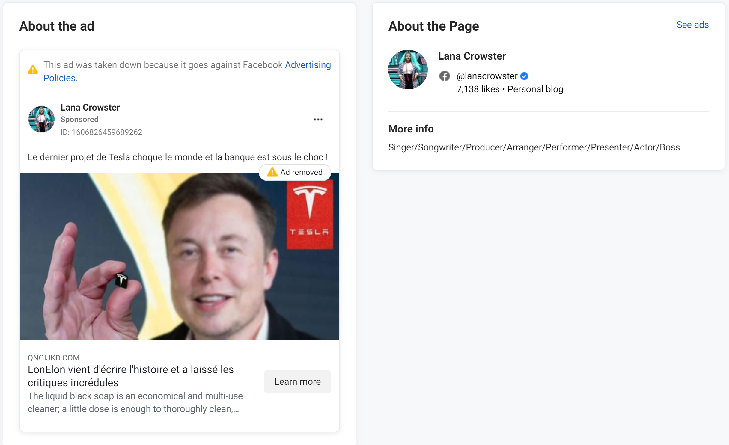 Example Facebook Tesla Scam